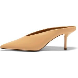 Women's Pu Khaki High Heels Mules Closed Pointed Toe Slide Sandals Slip On